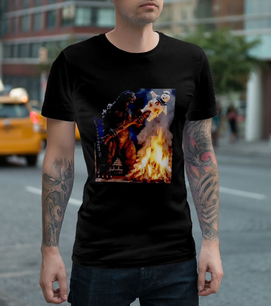 Kaiju Campfire Godzilla Holding Stay Puft Marshmallow Man T-Shirt