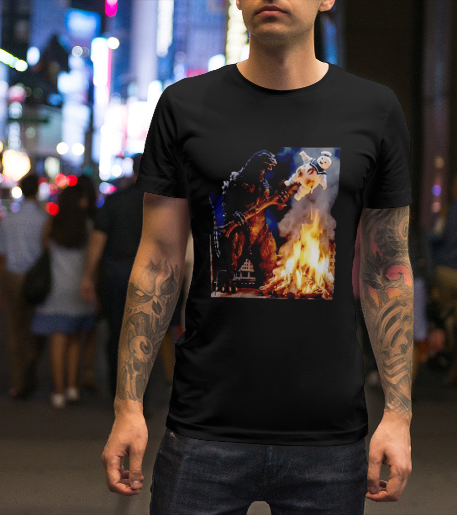 Kaiju Campfire Godzilla Holding Stay Puft Marshmallow Man T-Shirt