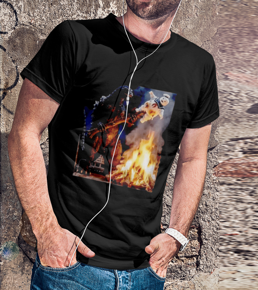 Kaiju Campfire Godzilla Holding Stay Puft Marshmallow Man T-Shirt