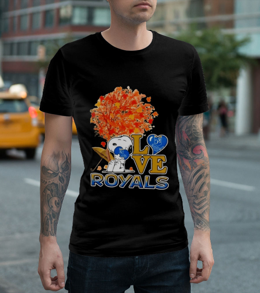 KC Royals Love Snoopy Hug Heart Peanuts Baseball Fall Tree T-Shirt