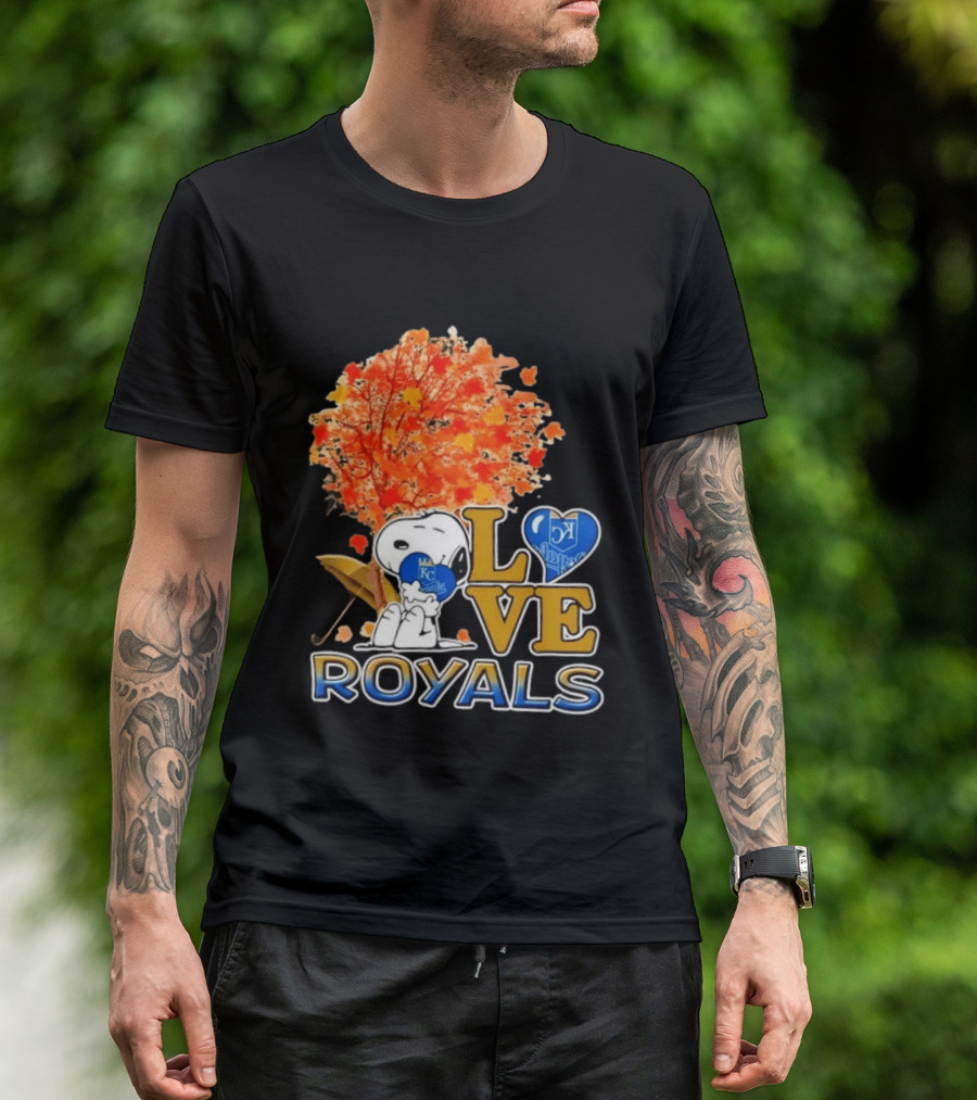 KC Royals Love Snoopy Hug Heart Peanuts Baseball Fall Tree T-Shirt