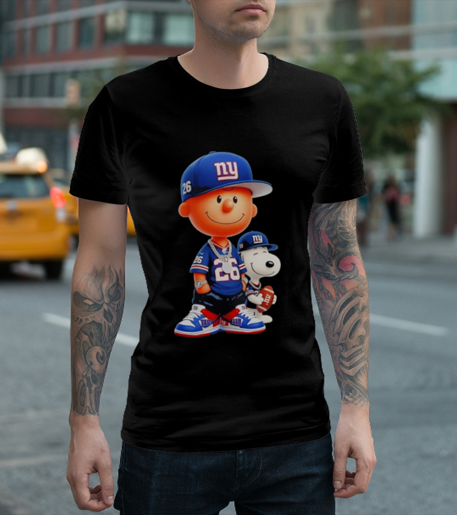 Peanuts Characters In New York Giants Team Sportswear T-Shirt