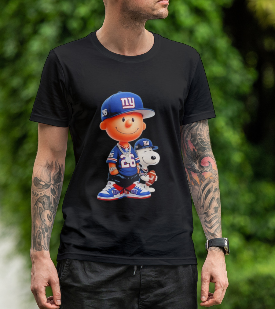 Peanuts Characters In New York Giants Team Sportswear T-Shirt