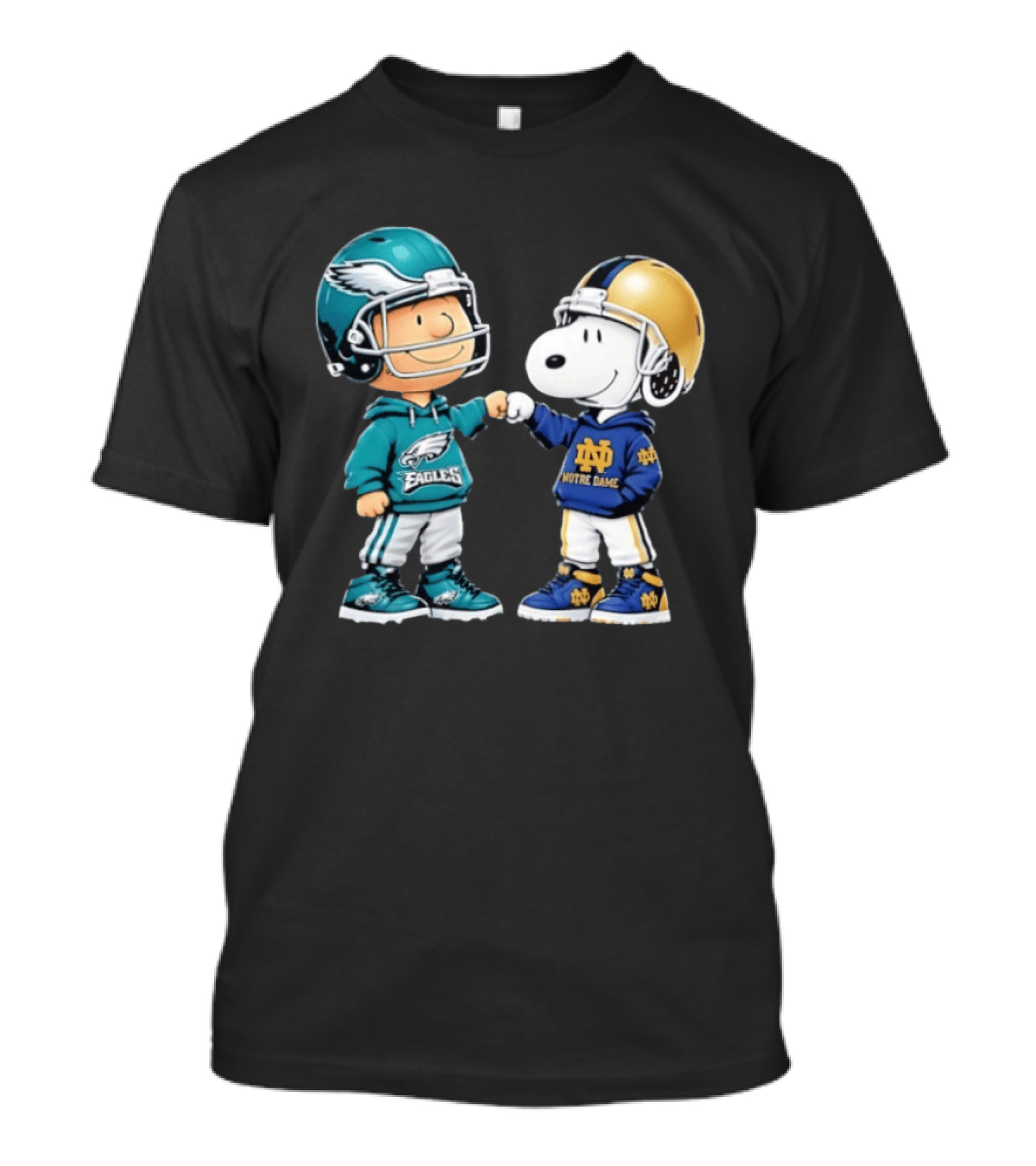 Peanuts Characters In Philadelphia Eagles Vs Notre Dame Fighting Irish Helmets T-Shirt