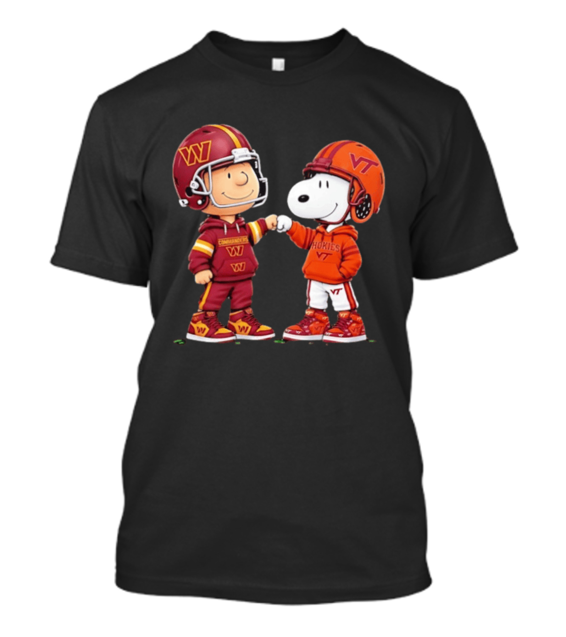 Peanuts Snoopy Charlie Brown Washington Commanders Virginia Tech Hokies Collaboration Fist Bump T-Shirt