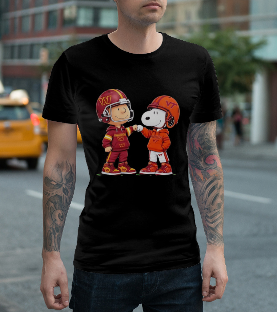 Peanuts Snoopy Charlie Brown Washington Commanders Virginia Tech Hokies Collaboration Fist Bump T-Shirt