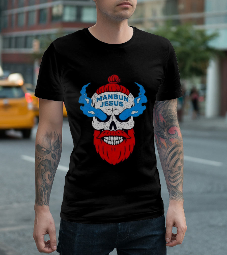 Manbun Jesus Skull Blue Flames Red Beard T-Shirt
