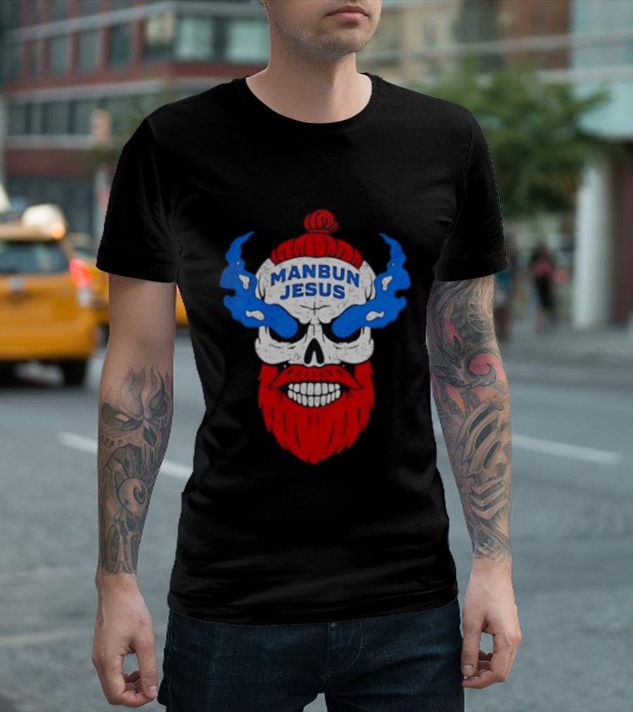Manbun Jesus Skull Flame Beard Retro Stone Man Cold Bun T-Shirt