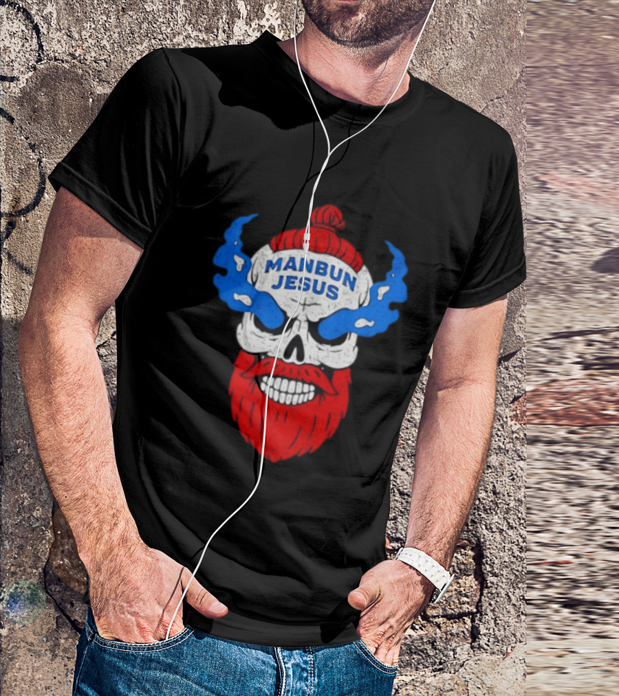 Manbun Jesus Skull Flame Beard Retro Stone Man Cold Bun T-Shirt
