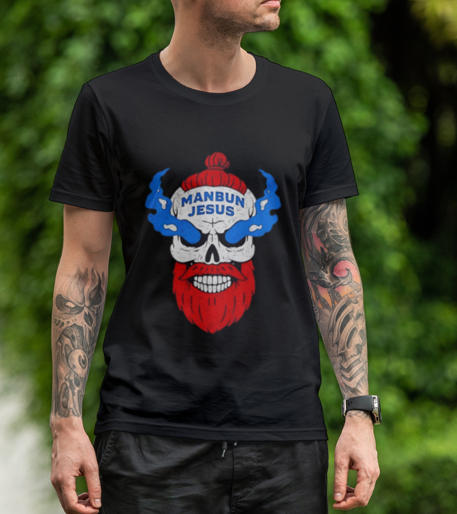 Manbun Jesus Skull Flame Beard Retro Stone Man Cold Bun T-Shirt