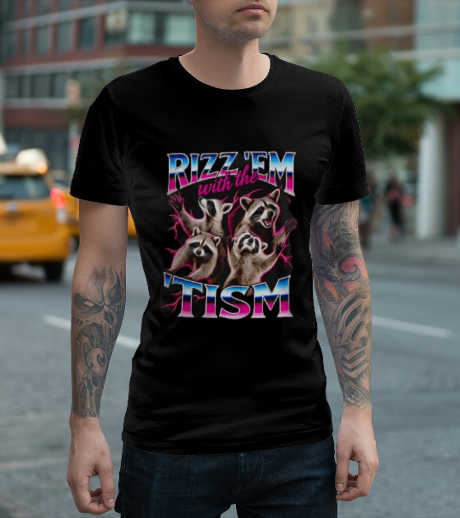 Rizz Them With The Tism Four Raccoons Reaching Pink Lightning T-Shirt