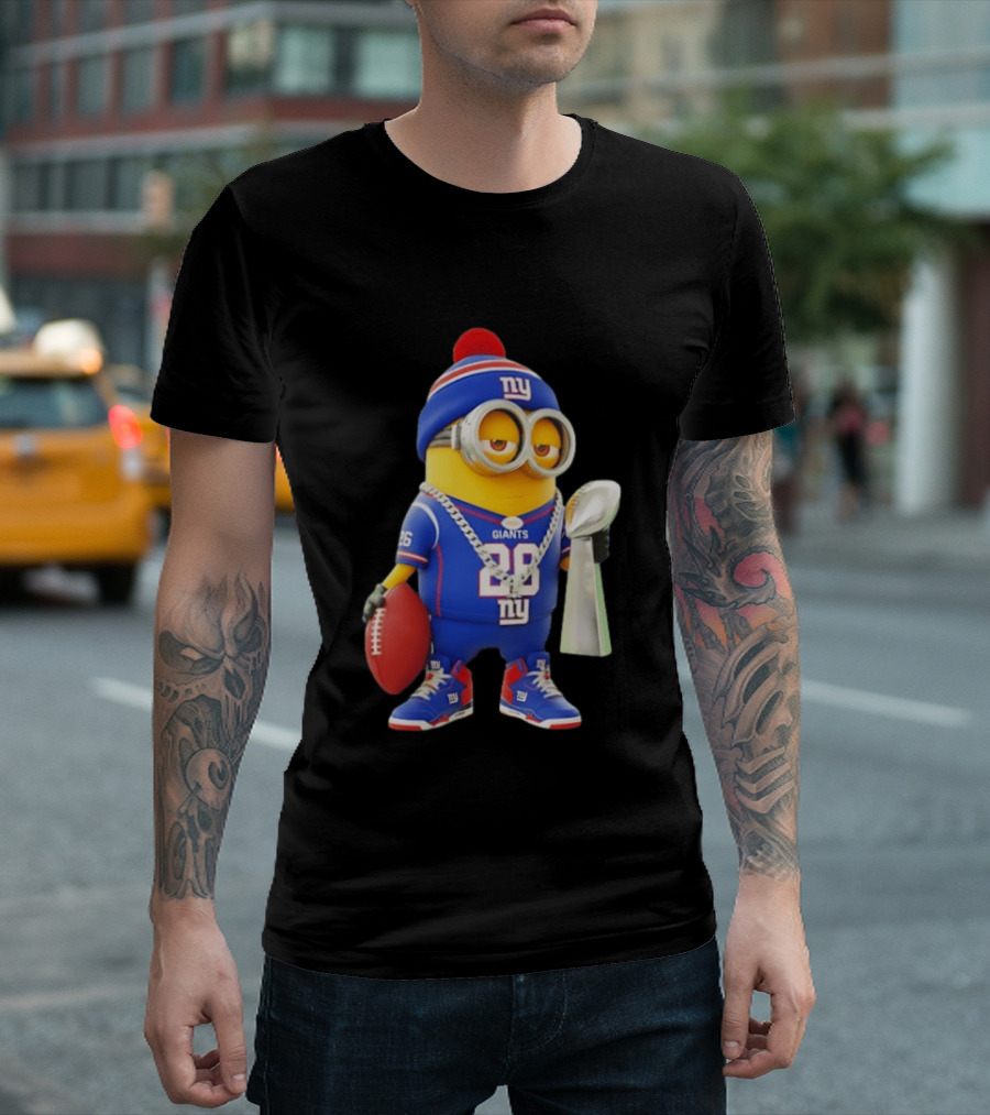 Minion In New York Giants Jersey With Football Trophy And Beanie T-Shirt