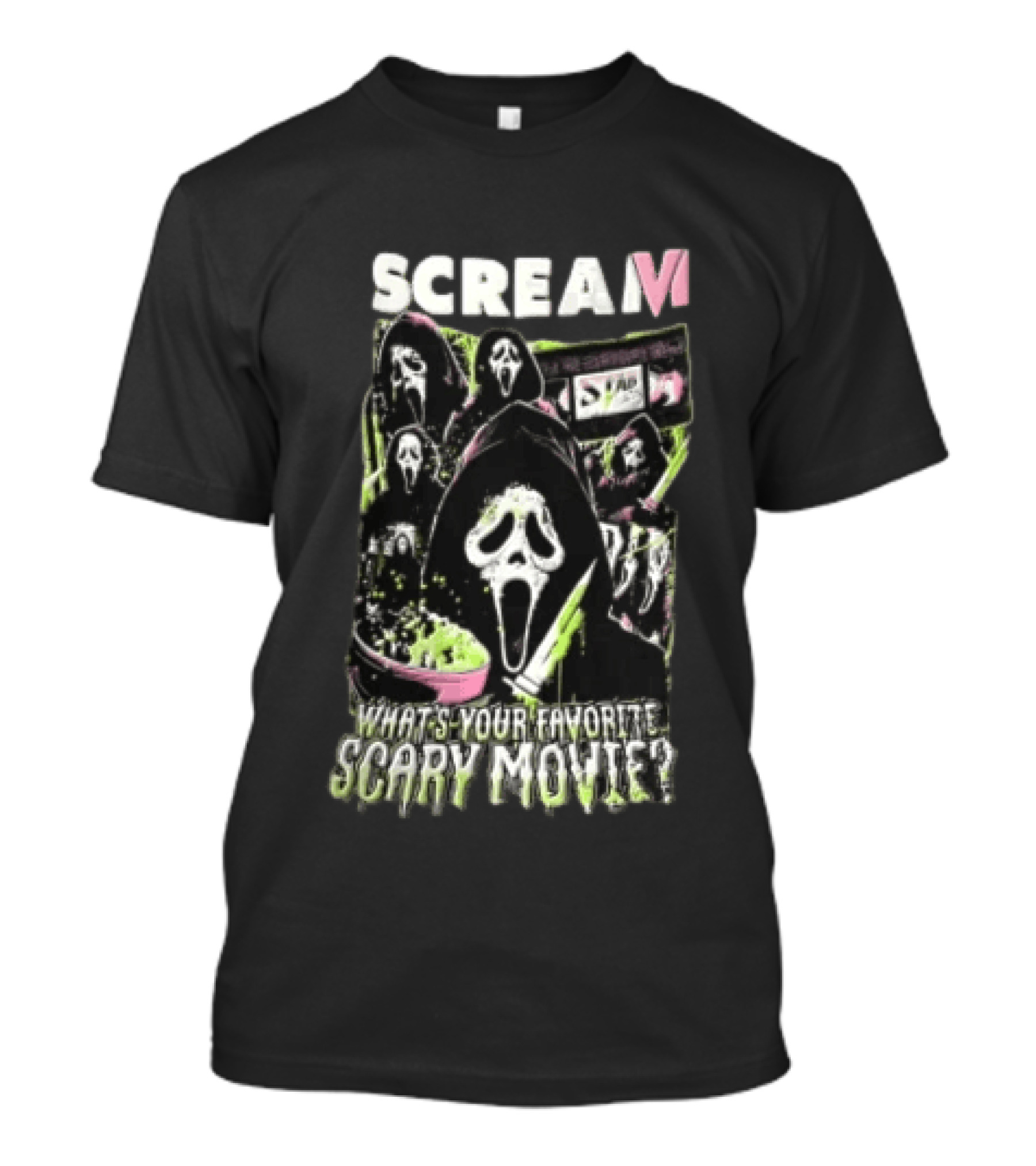 Scream VI What's Your Favorite Scary Movie Ghostface Masks Holding Knife Popcorn T-Shirt