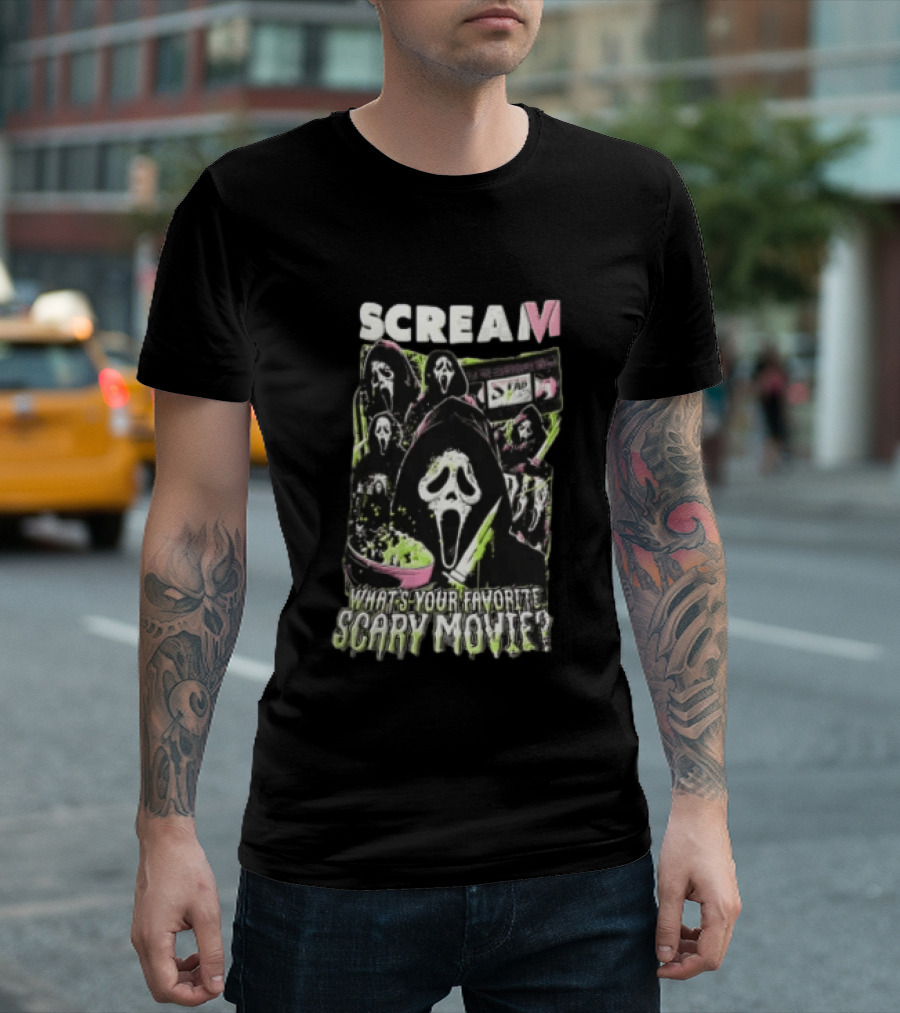 Scream VI What's Your Favorite Scary Movie Ghostface Masks Holding Knife Popcorn T-Shirt