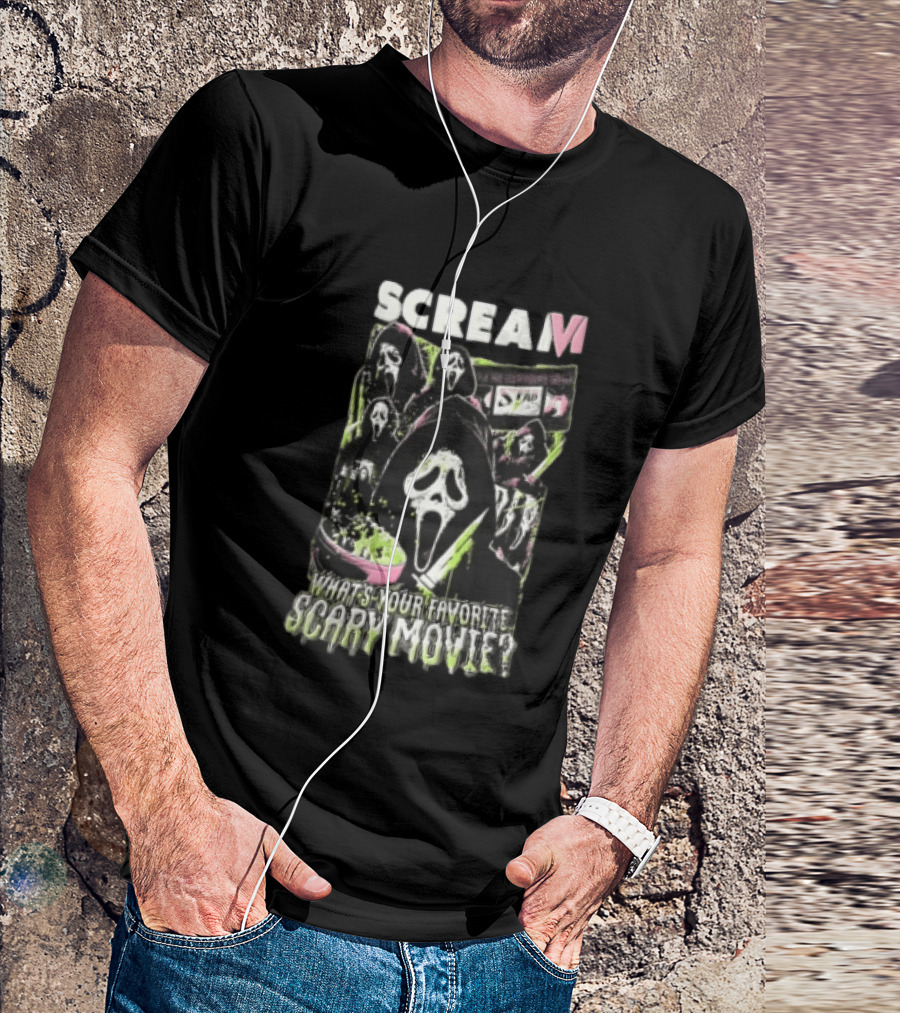 Scream VI What's Your Favorite Scary Movie Ghostface Masks Holding Knife Popcorn T-Shirt