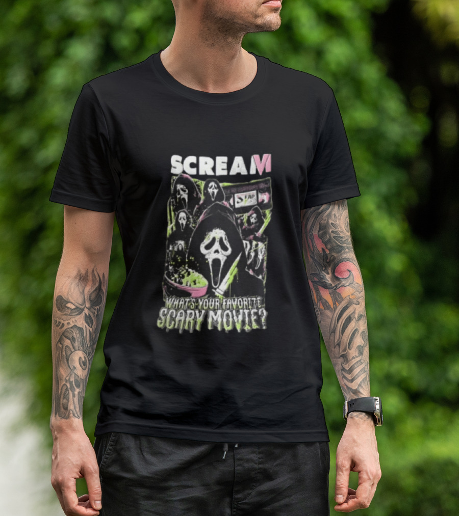 Scream VI What's Your Favorite Scary Movie Ghostface Masks Holding Knife Popcorn T-Shirt