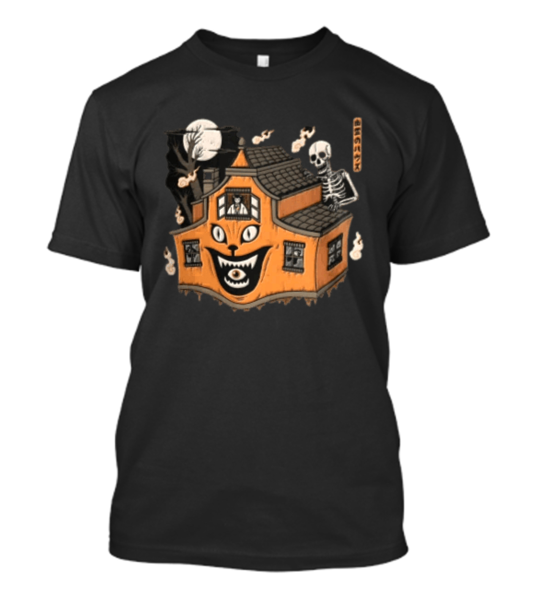 Skeleton Moon Haunted House Cat Face Halloween T-Shirt