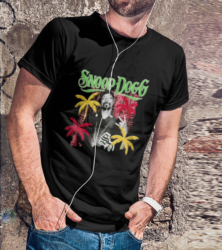 Snoop Dogg Palm Trees Gesture Black And White Portrait With Red And Yellow Palm Trees T-Shirt