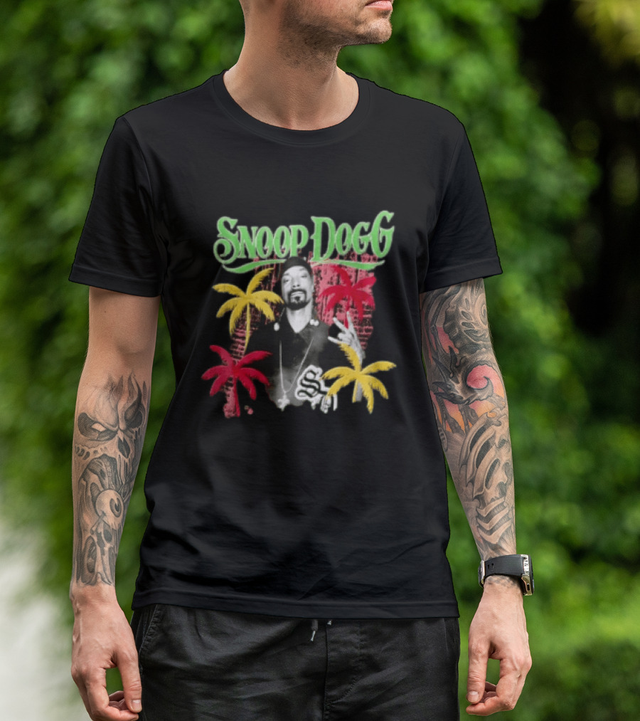Snoop Dogg Palm Trees Gesture Black And White Portrait With Red And Yellow Palm Trees T-Shirt