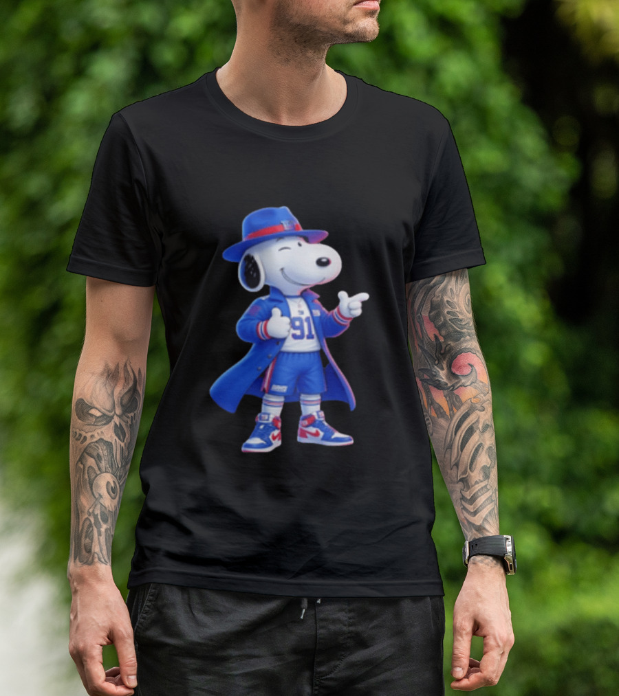 Snoopy New York Giants Football Player Cartoon Blue Coat And Hat T-Shirt
