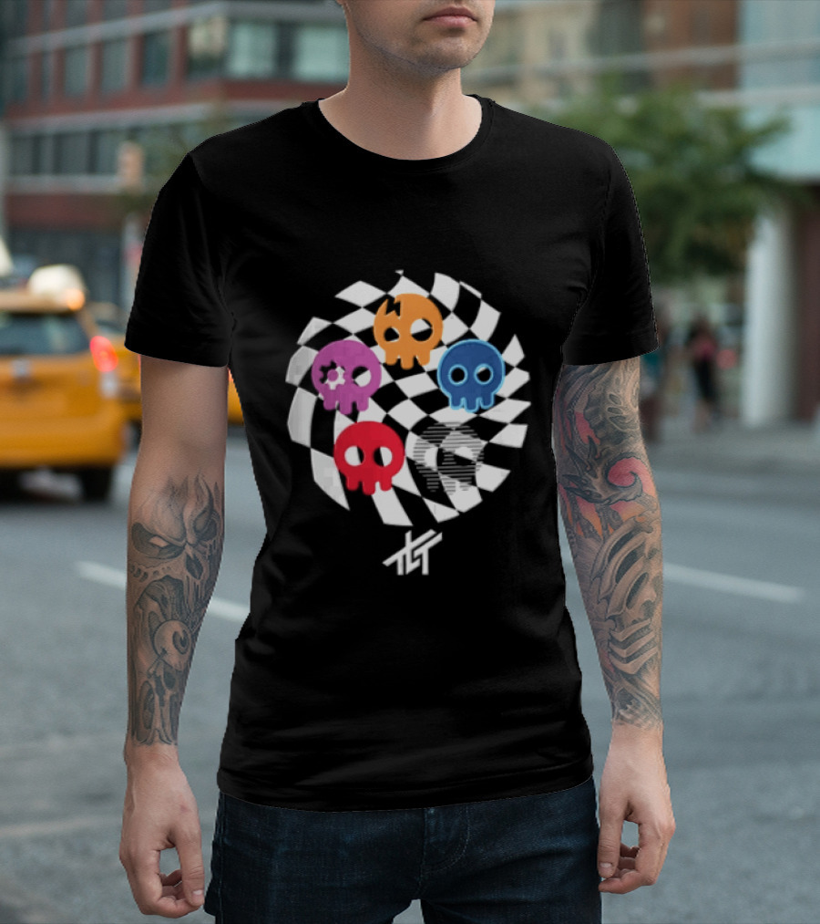 The Living Tombstone Five Colorful Skulls Checkered T-Shirt
