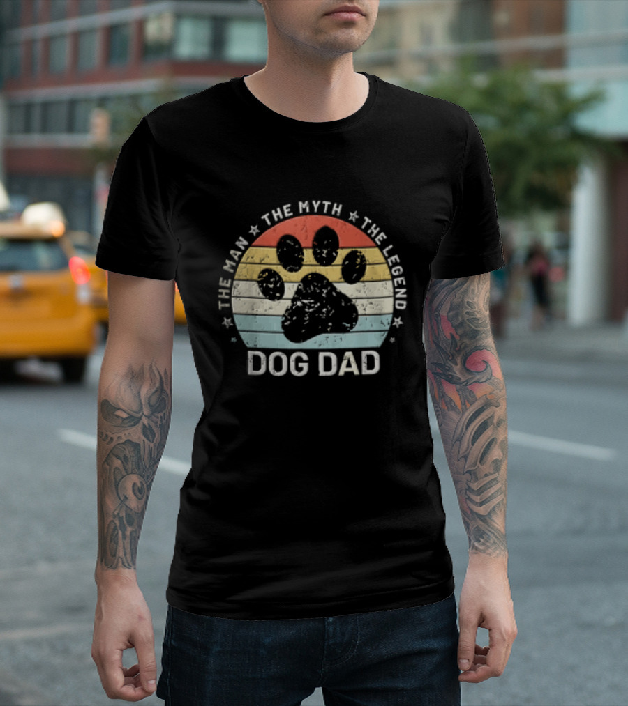 The Man The Myth The Legend Dog Dad Distressed Paw Rainbow Sunset T-Shirt