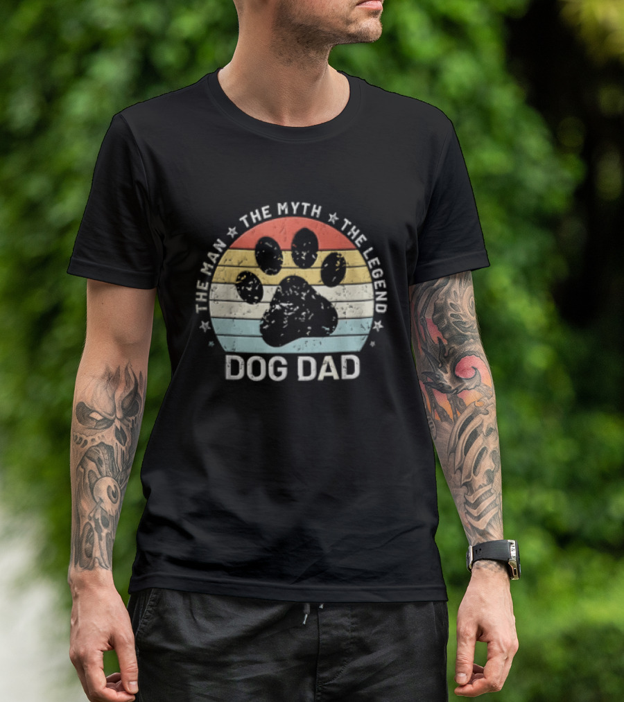 The Man The Myth The Legend Dog Dad Distressed Paw Rainbow Sunset T-Shirt