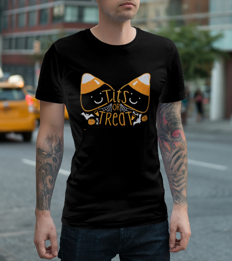Halloween Candy Corn Faces Tits Or Treat With Spiders Webs Bats Pumpkins T-Shirt