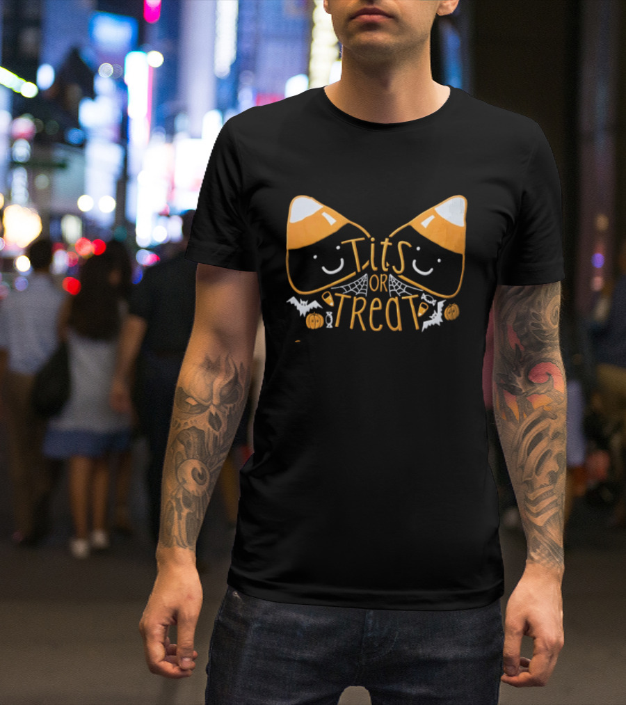 Halloween Candy Corn Faces Tits Or Treat With Spiders Webs Bats Pumpkins T-Shirt