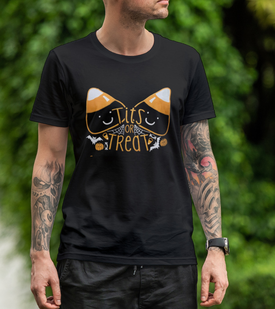 Halloween Candy Corn Faces Tits Or Treat With Spiders Webs Bats Pumpkins T-Shirt