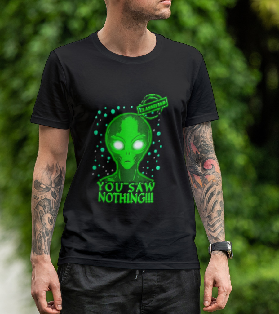 Green Alien You Saw Nothing Glowing Eyes UFO Dots T-Shirt