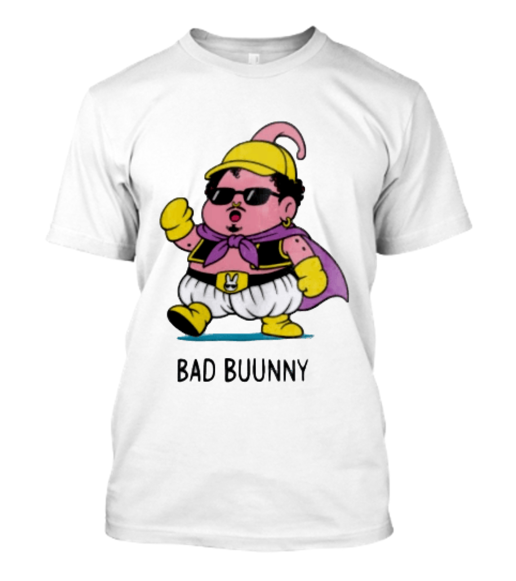 Bad Buunny Pink Majin Buu Sunglasses Yellow Hat Cape Cartoon T-Shirt