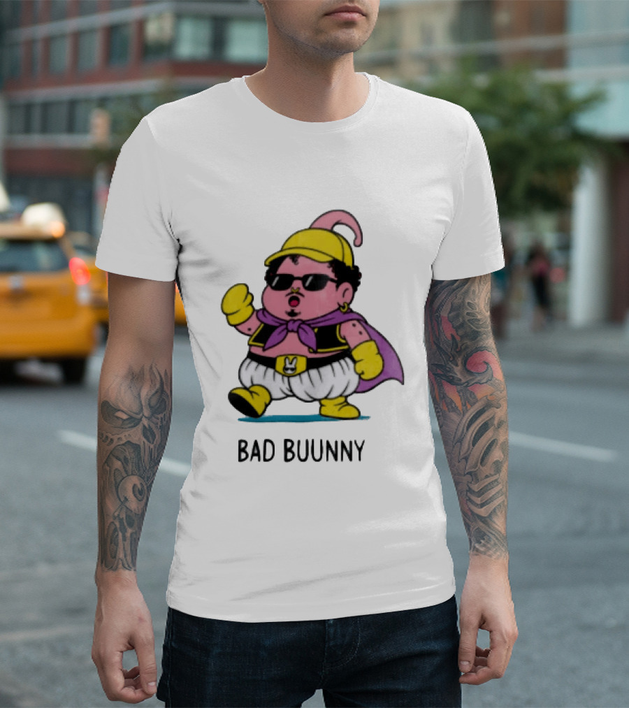 Bad Buunny Pink Majin Buu Sunglasses Yellow Hat Cape Cartoon T-Shirt