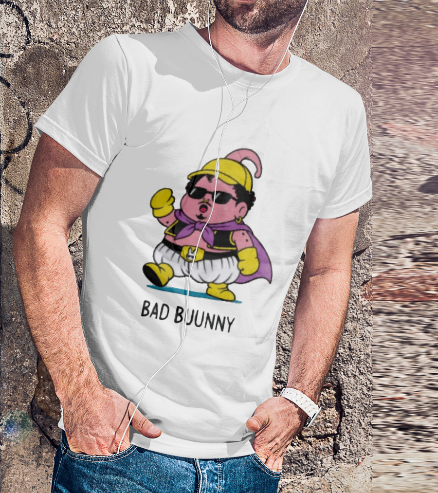 Bad Buunny Pink Majin Buu Sunglasses Yellow Hat Cape Cartoon T-Shirt