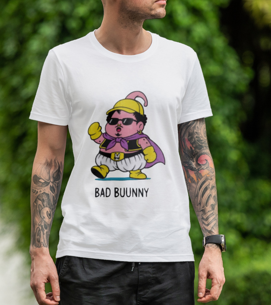 Bad Buunny Pink Majin Buu Sunglasses Yellow Hat Cape Cartoon T-Shirt