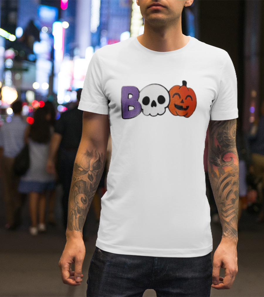 BOO Skull Pumpkin Purple Letter Halloween Fun T-Shirt