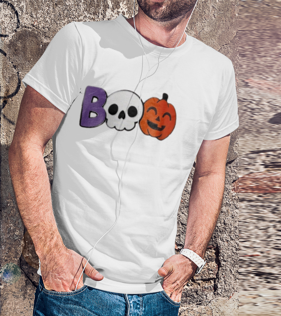 BOO Skull Pumpkin Purple Letter Halloween Fun T-Shirt