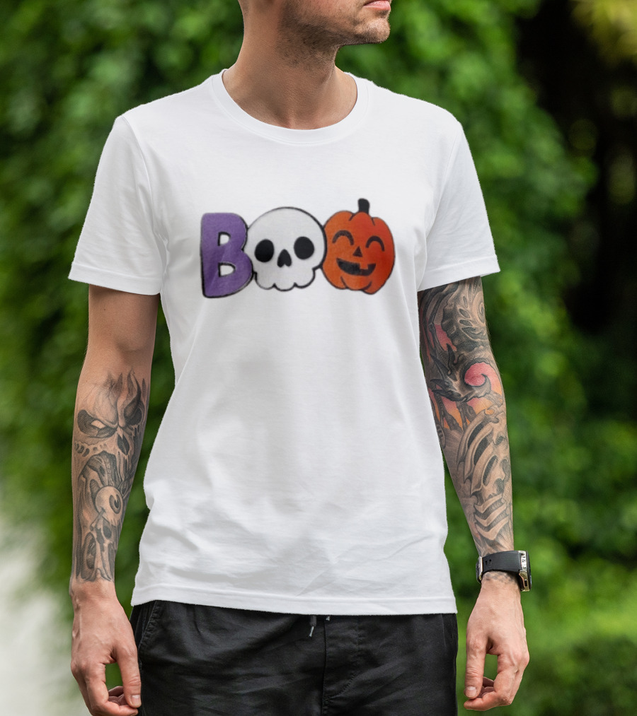 BOO Skull Pumpkin Purple Letter Halloween Fun T-Shirt