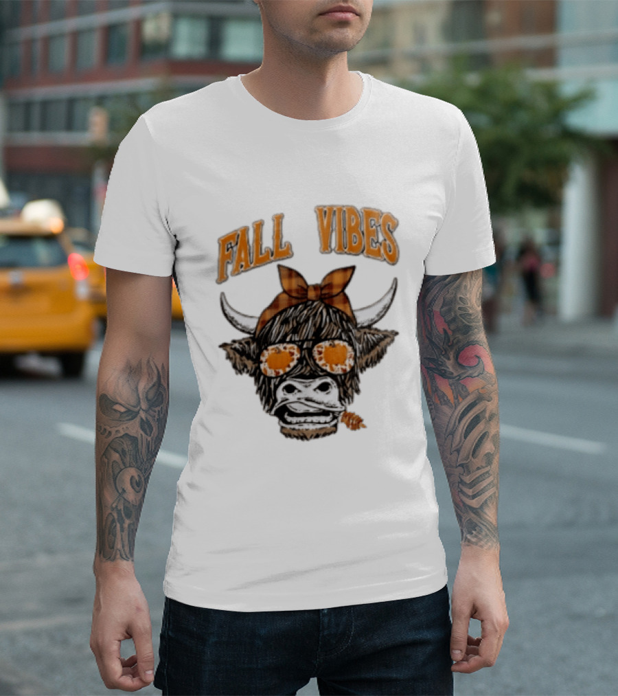Fall Vibes Highland Cow Plaid Bow Sunglasses Pumpkins T-Shirt