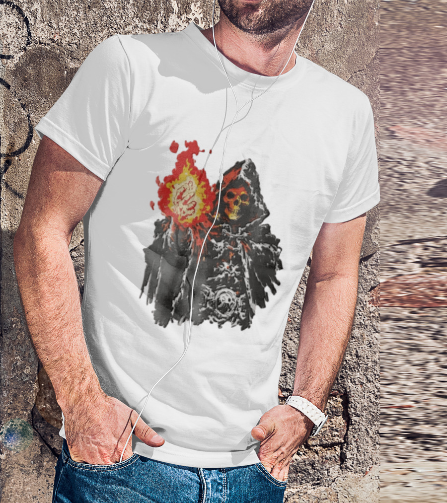 Skeleton Holding Fire Skeletor Hooded Cloak And Fiery Fist T-Shirt