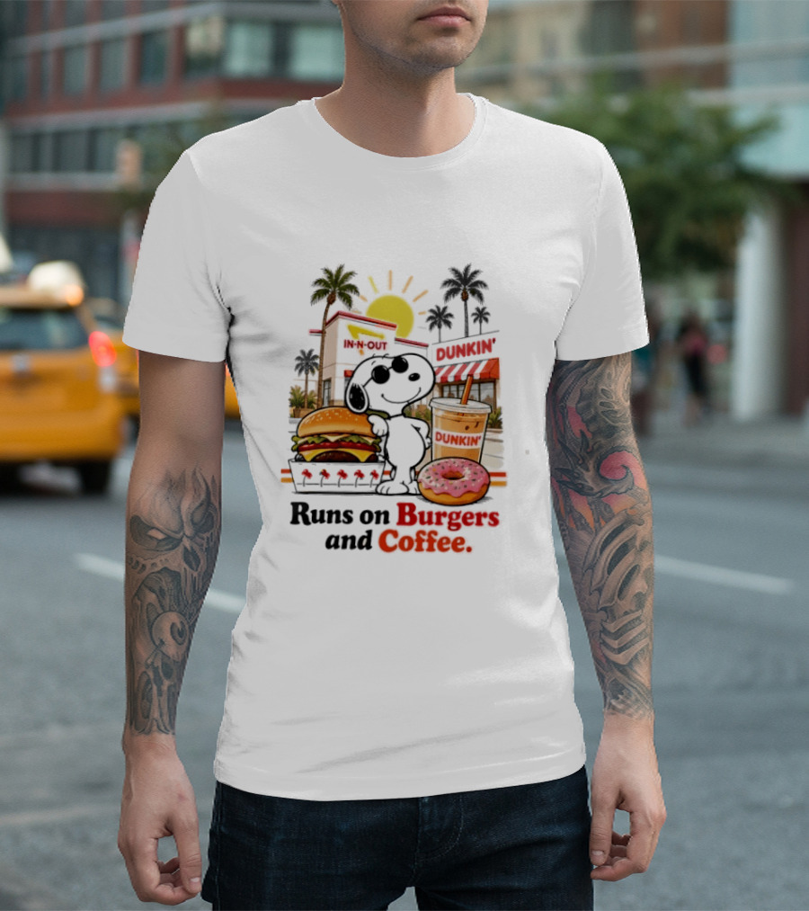 Snoopy Enjoys In N Out Burgers Dunkin Coffee Donuts California Sunshine T-Shirt