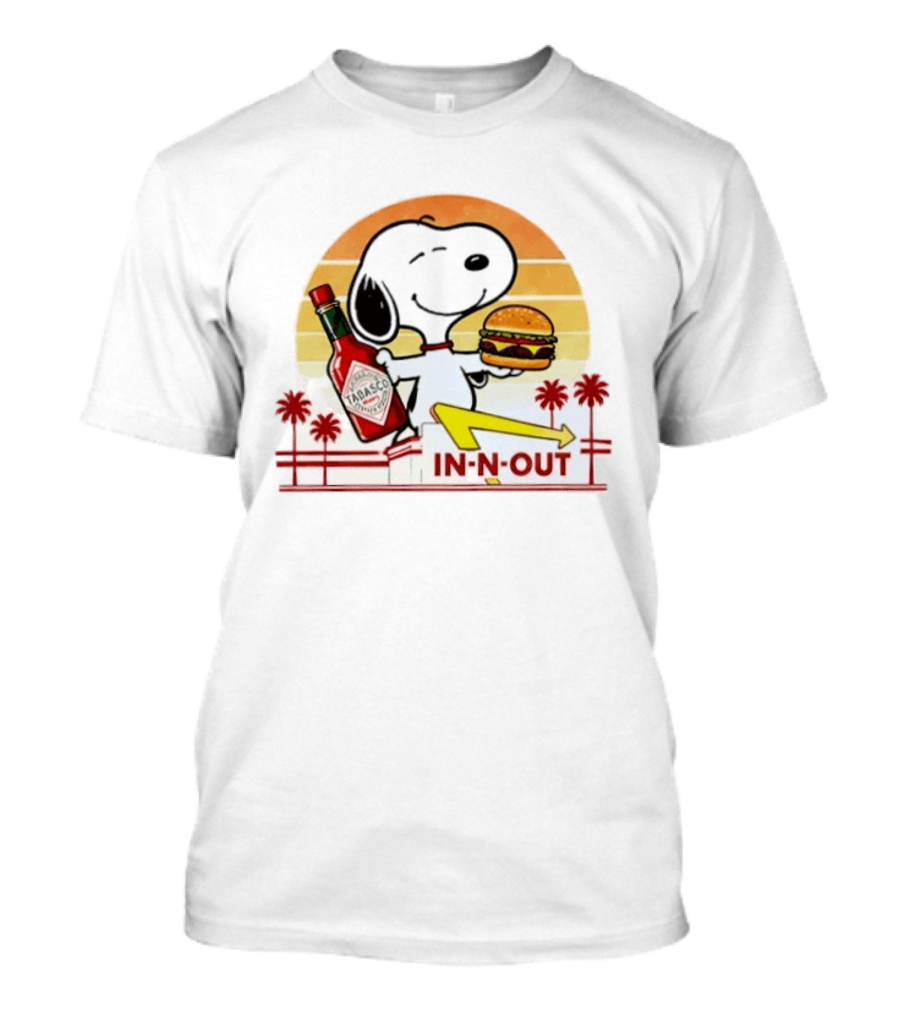 Snoopy Holding Tabasco Bottle And In N Out Burger Delightful Combination T-Shirt