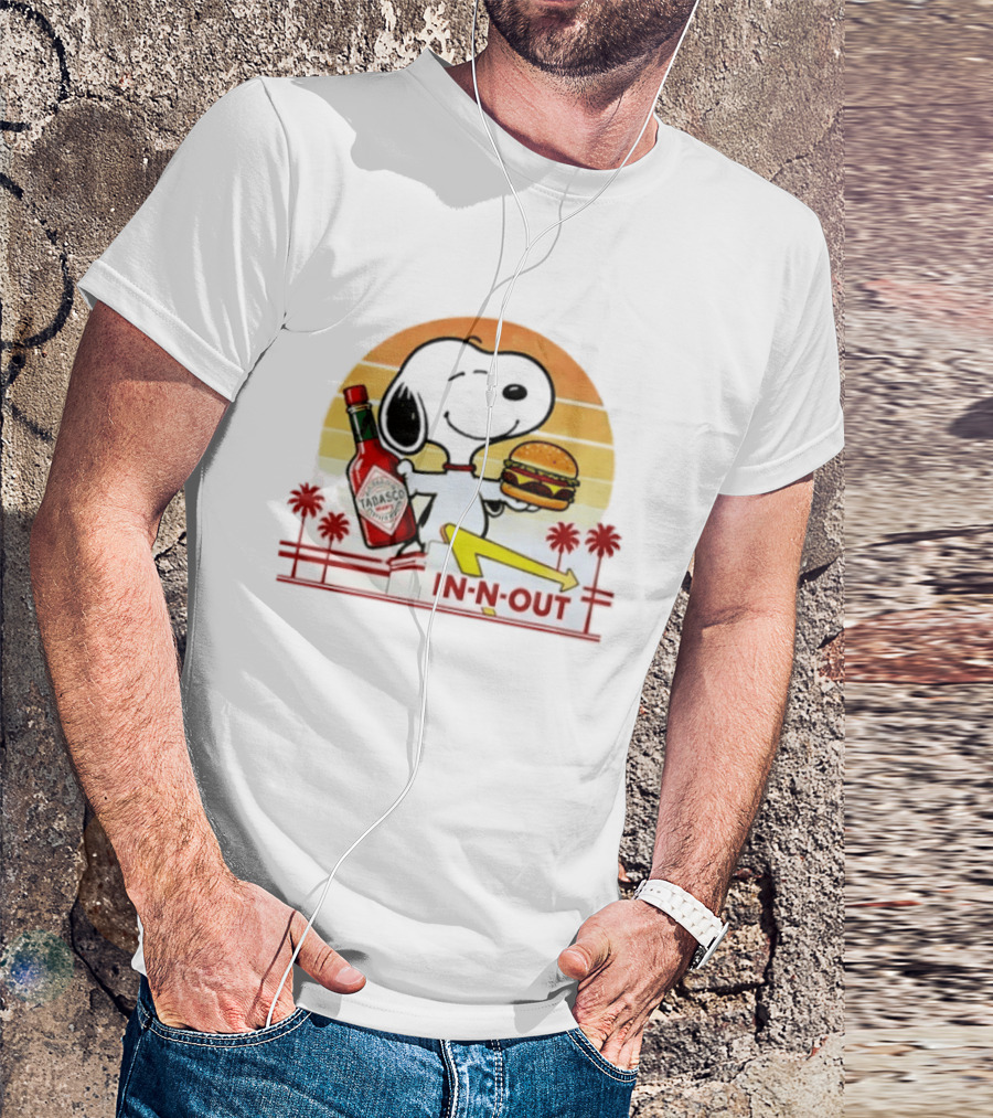Snoopy Holding Tabasco Bottle And In N Out Burger Delightful Combination T-Shirt
