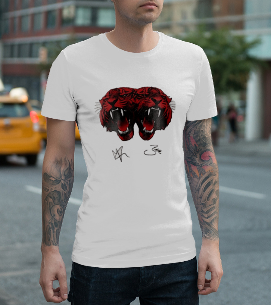 Tigers Heads Roaring Red Dual Fierce Animal T-Shirt