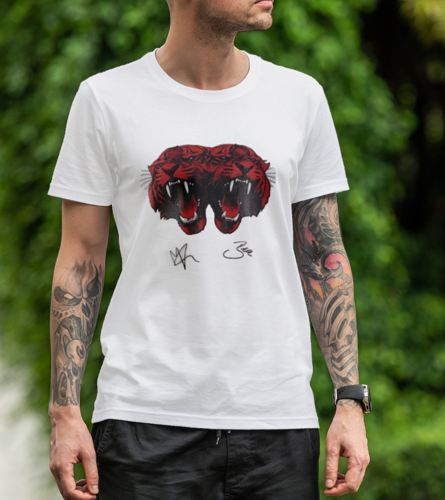 Tigers Heads Roaring Red Dual Fierce Animal T-Shirt