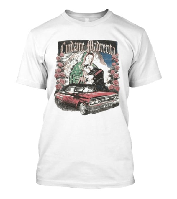 Cuidame Madrecita Red Classic Car With Roses And Religious T-Shirt