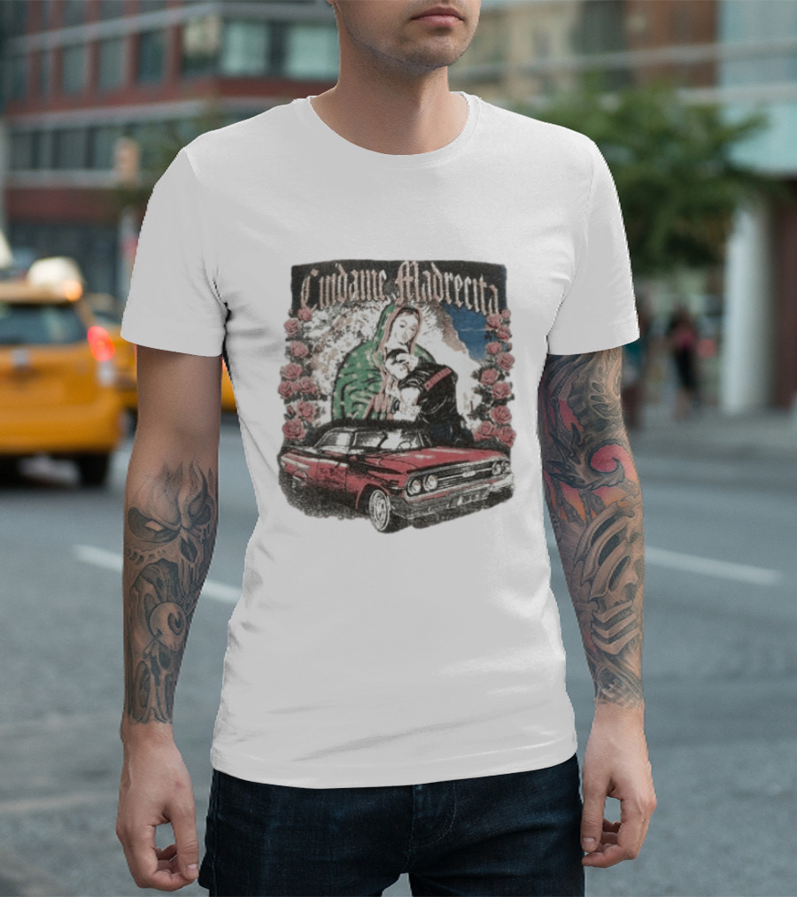 Cuidame Madrecita Red Classic Car With Roses And Religious T-Shirt