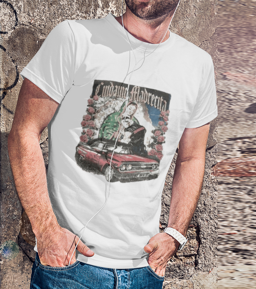 Cuidame Madrecita Red Classic Car With Roses And Religious T-Shirt