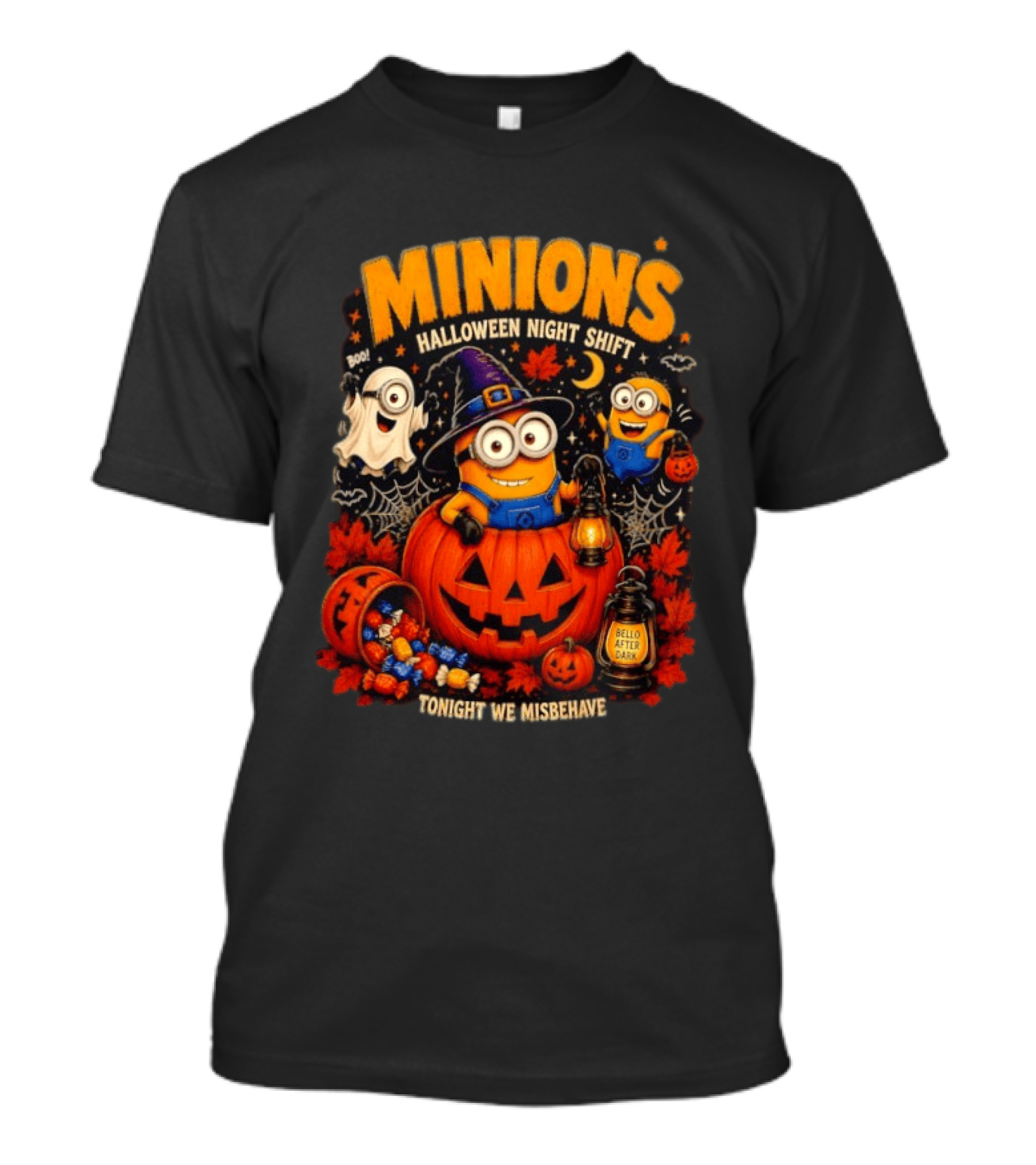 Minions Halloween Night Shift Bello After Dark Tonight We Misbehave Ghosts Pumpkins T-Shirt