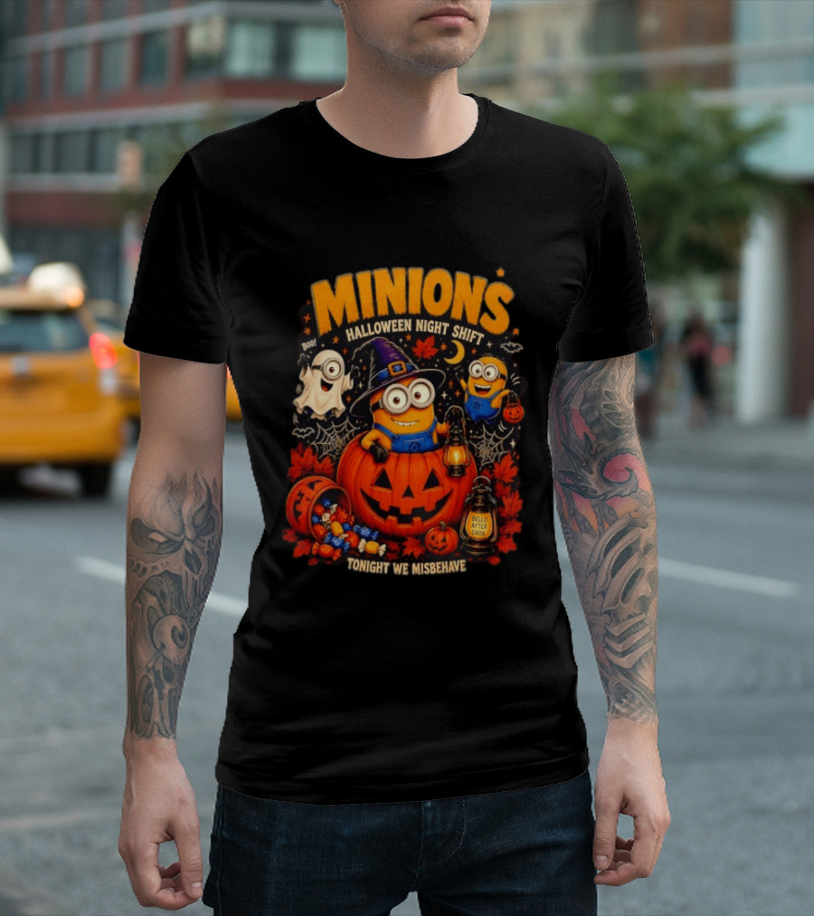 Minions Halloween Night Shift Bello After Dark Tonight We Misbehave Ghosts Pumpkins T-Shirt